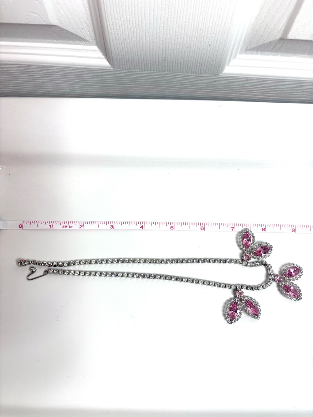 VTG Weiss Pastel Pink Rhinestone Rhodium Plated Necklace Earrings Set Signed - Picture 12 of 13